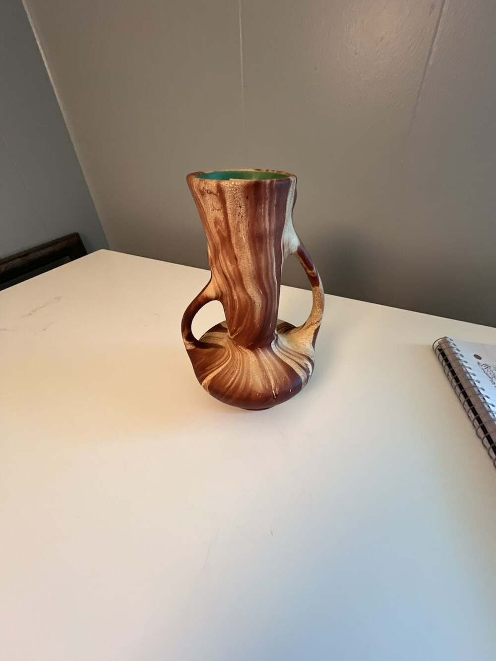 Vintage Rocky Mountain Pottery Faux Wood Grain Swirl Double Handle Vase
